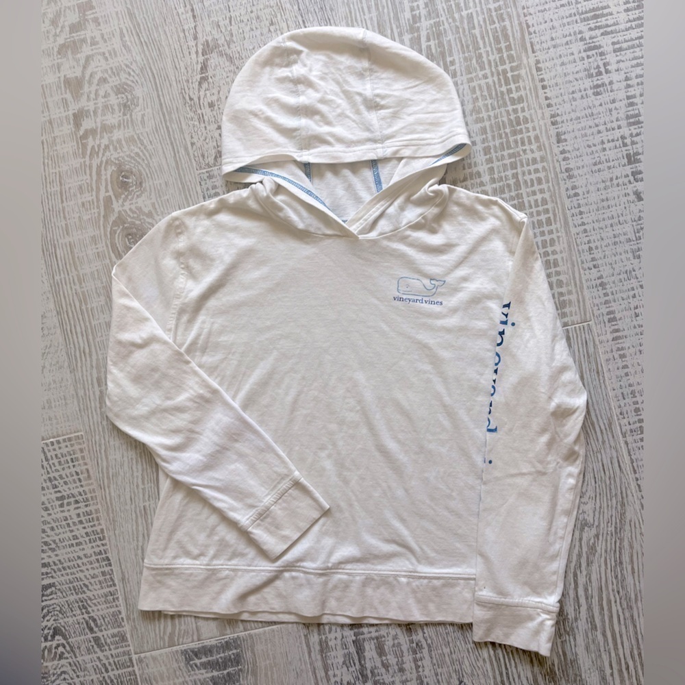 Vineyard Vines Hooded Long Sleeve Shirt Cream Blue Whale Size 14 Large